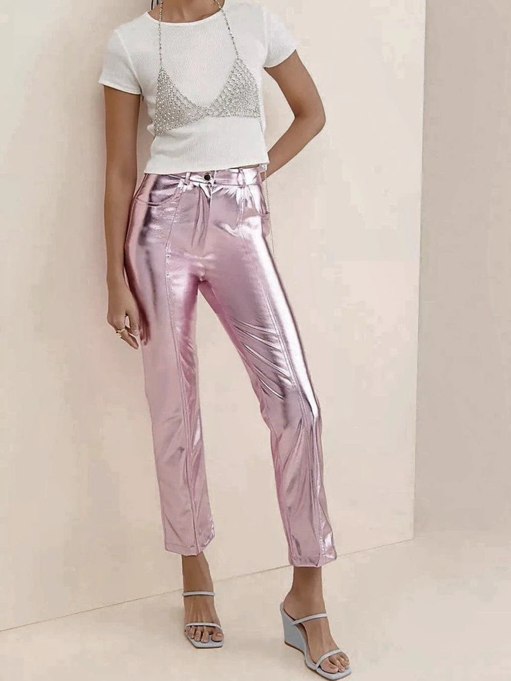 NWT Free People x LAAGAM Dazzle Metallic High Rise Pants in Pink